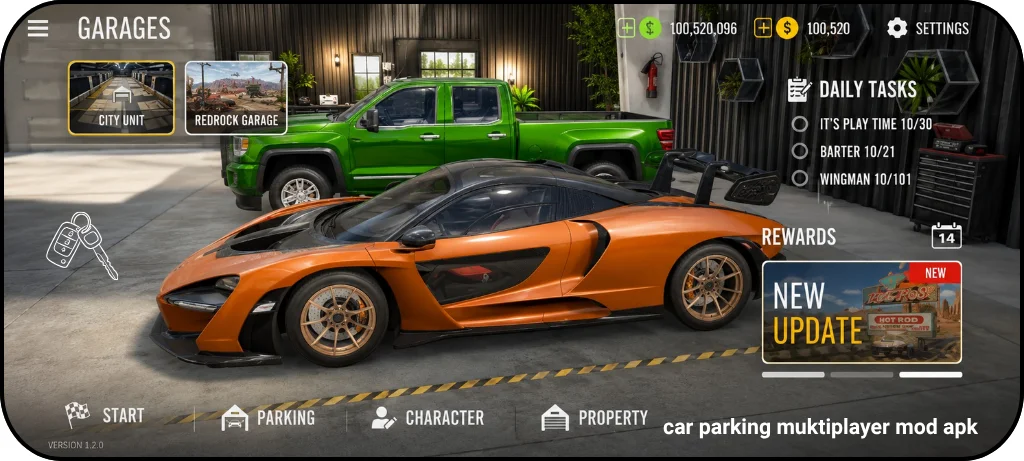 Car Parking Multiplayer 2 garage featuring premium sports cars, unlocked vehicles and unlimited money in the latest MOD APK version
