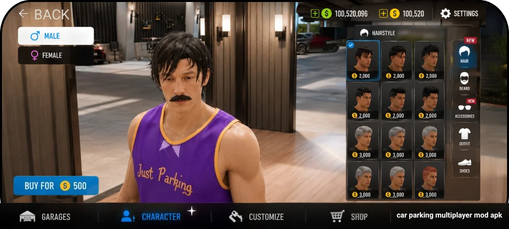 Car Parking Multiplayer 2 character customization screen showing hairstyles, accessories and unlimited money and gold balance