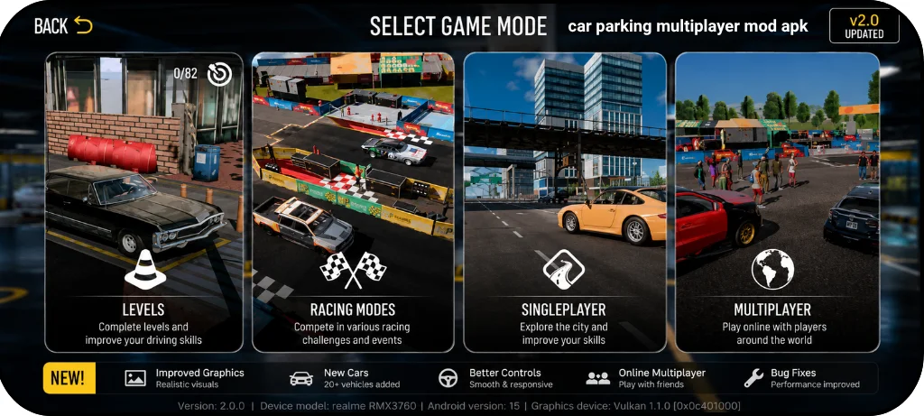 Car Parking Multiplayer 2 game modes screen showing levels, racing modes, single player and multiplayer gameplay options