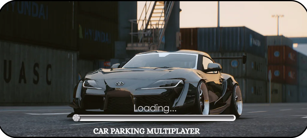 Car Parking Multiplayer 2 loading screen featuring a customized black sports car with realistic graphics and vehicle modifications