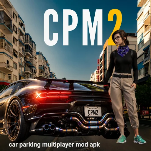 Car Parking Multiplayer 2 Mod APK featuring a customized sports car, city environment, unlimited money, gold and unlocked vehicles