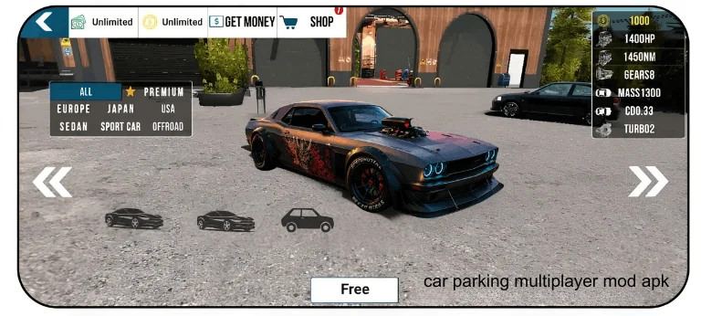 Car Parking Multiplayer MOD APK showing unlimited money, premium vehicles, unlocked cars and free vehicle selection screen