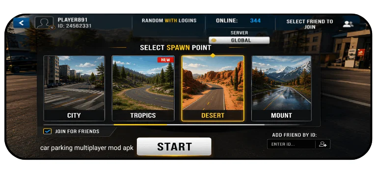 Car Parking Multiplayer all levels unlocked showing city, mountain and desert maps