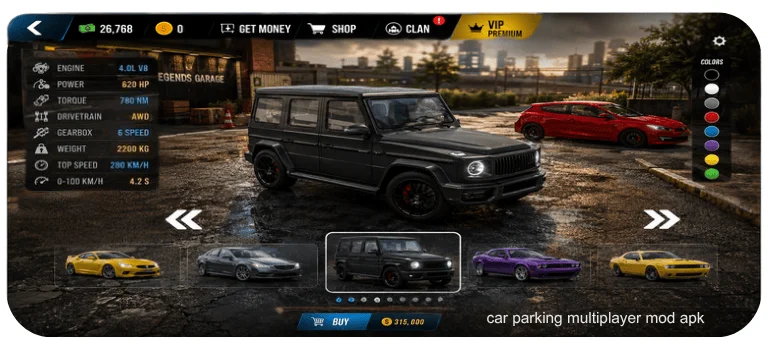 Car Parking Multiplayer all skins unlocked screen showing premium vehicle skins, custom colors and car customization options