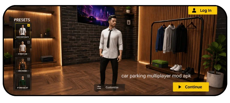 Car Parking Multiplayer character customization screen showing avatar presets, outfit selection and clothing customization options