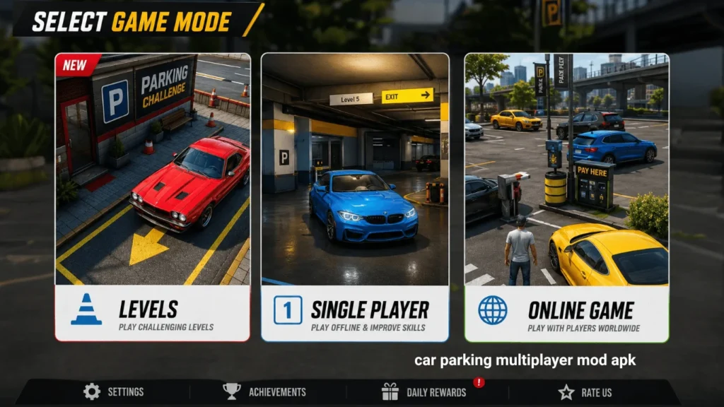 Car Parking Multiplayer game modes screen showing Levels mode, Single Player mode and Online Multiplayer gameplay options