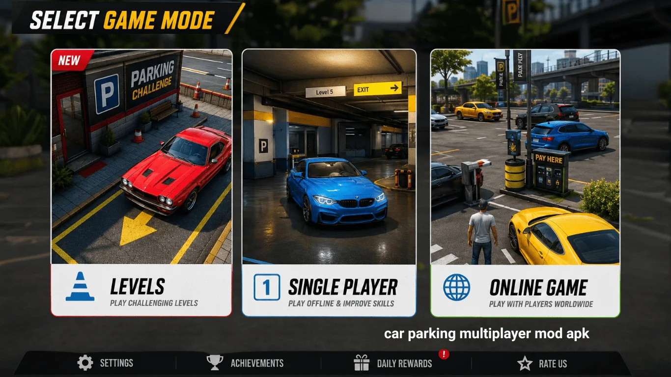 Car Parking Multiplayer game modes screen showing Levels mode, Single Player mode and Online Multiplayer gameplay options