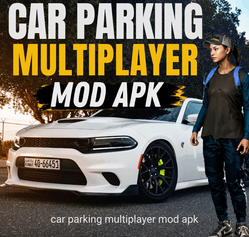 Car Parking Multiplayer MOD APK featuring a premium sports car, player character, unlimited money, gold and unlocked vehicles