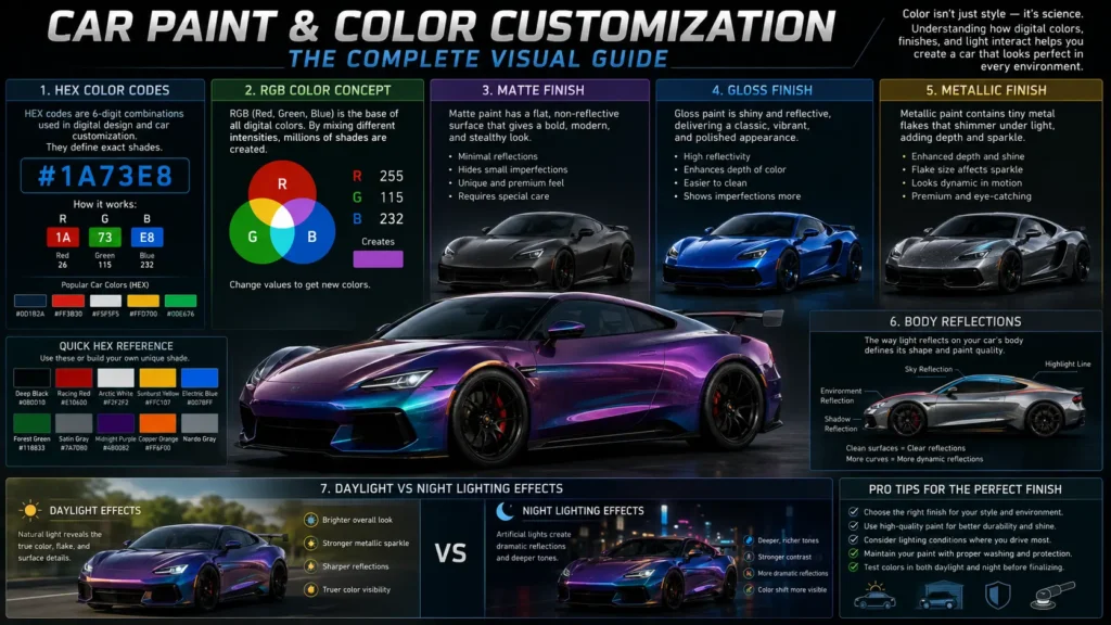 Car Parking Multiplayer Car Design Ideas: Best Color Codes & Customization Tips 3 Concept infographic explaining HEX color codes and paint finishes in Car Parking Multiplayer