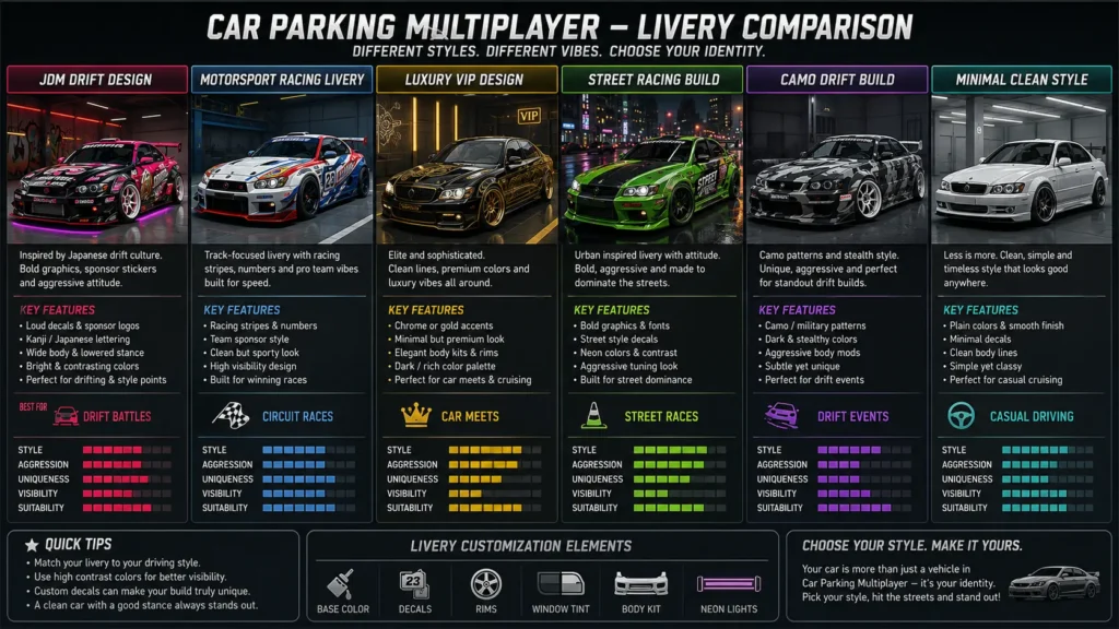 Car Parking Multiplayer Car Design Ideas: Best Color Codes & Customization Tips 4 Comparison infographic showing popular Car Parking Multiplayer liveries and design styles