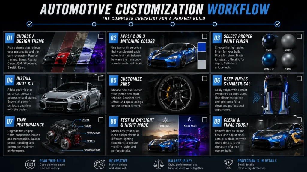 Car Parking Multiplayer Car Design Ideas: Best Color Codes & Customization Tips 5 Checklist infographic for creating attractive Car Parking Multiplayer vehicle designs